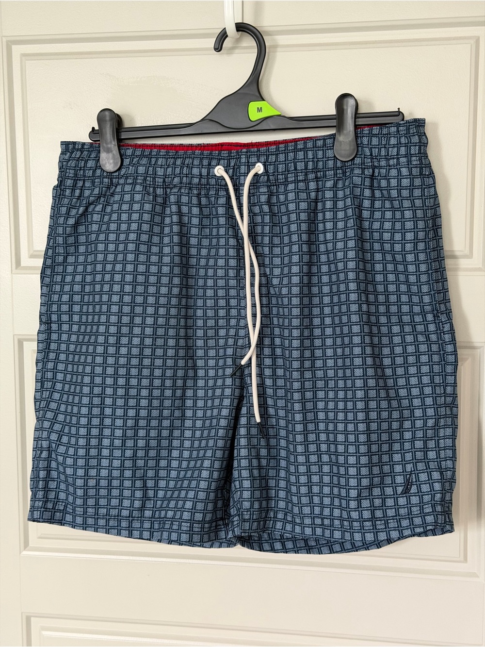 Nautica Men's Quick Dry Swim Trunks Blue Geometric Grid Mesh Lined Size M